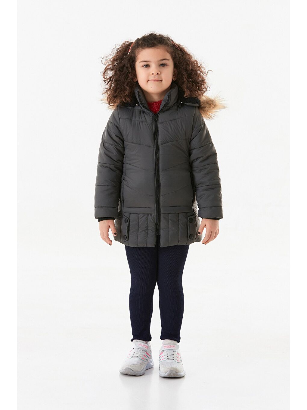 Gri Cebi Fermuarlı Kapüşonlu Kız Çocuk Mont-4