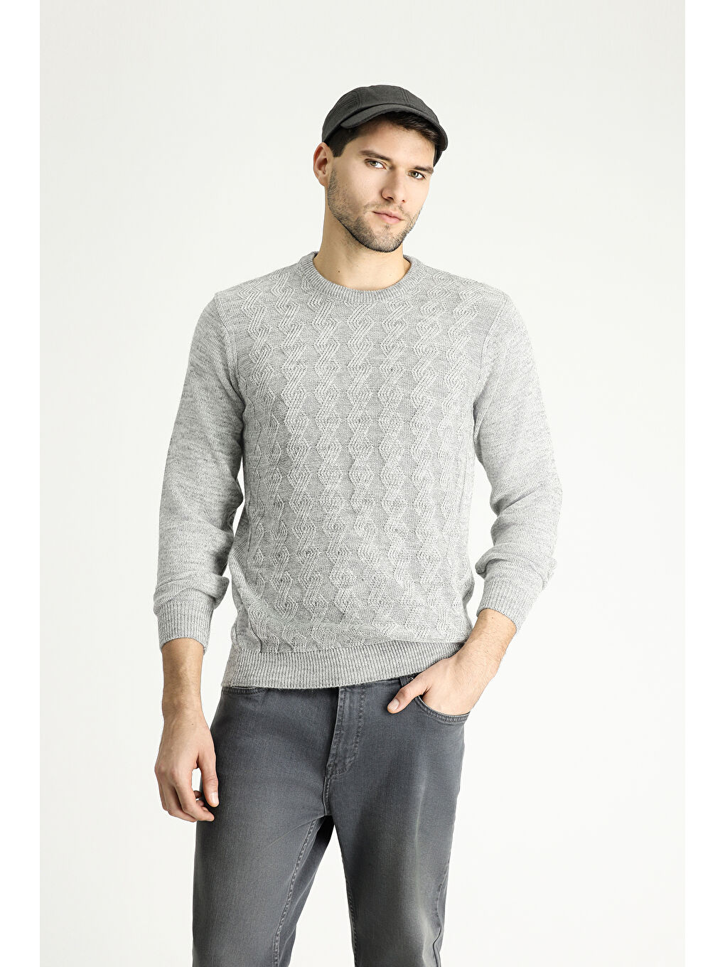 Gri Bisiklet Yaka Slim Fit Dar Kesim Desenli Triko Kazak