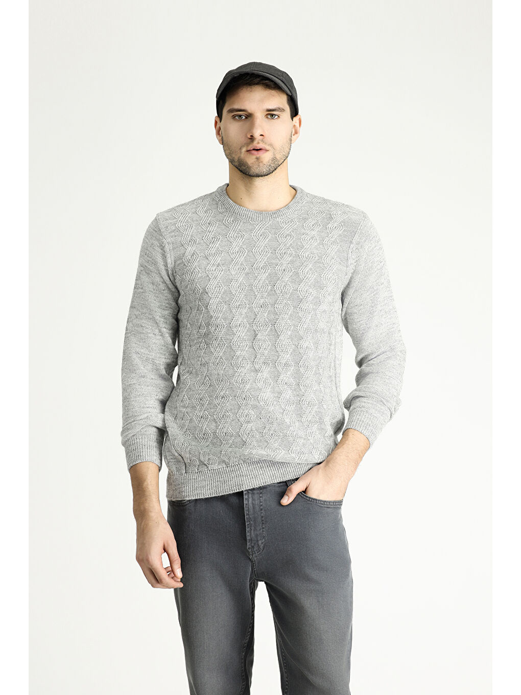 Gri Bisiklet Yaka Slim Fit Dar Kesim Desenli Triko Kazak-1