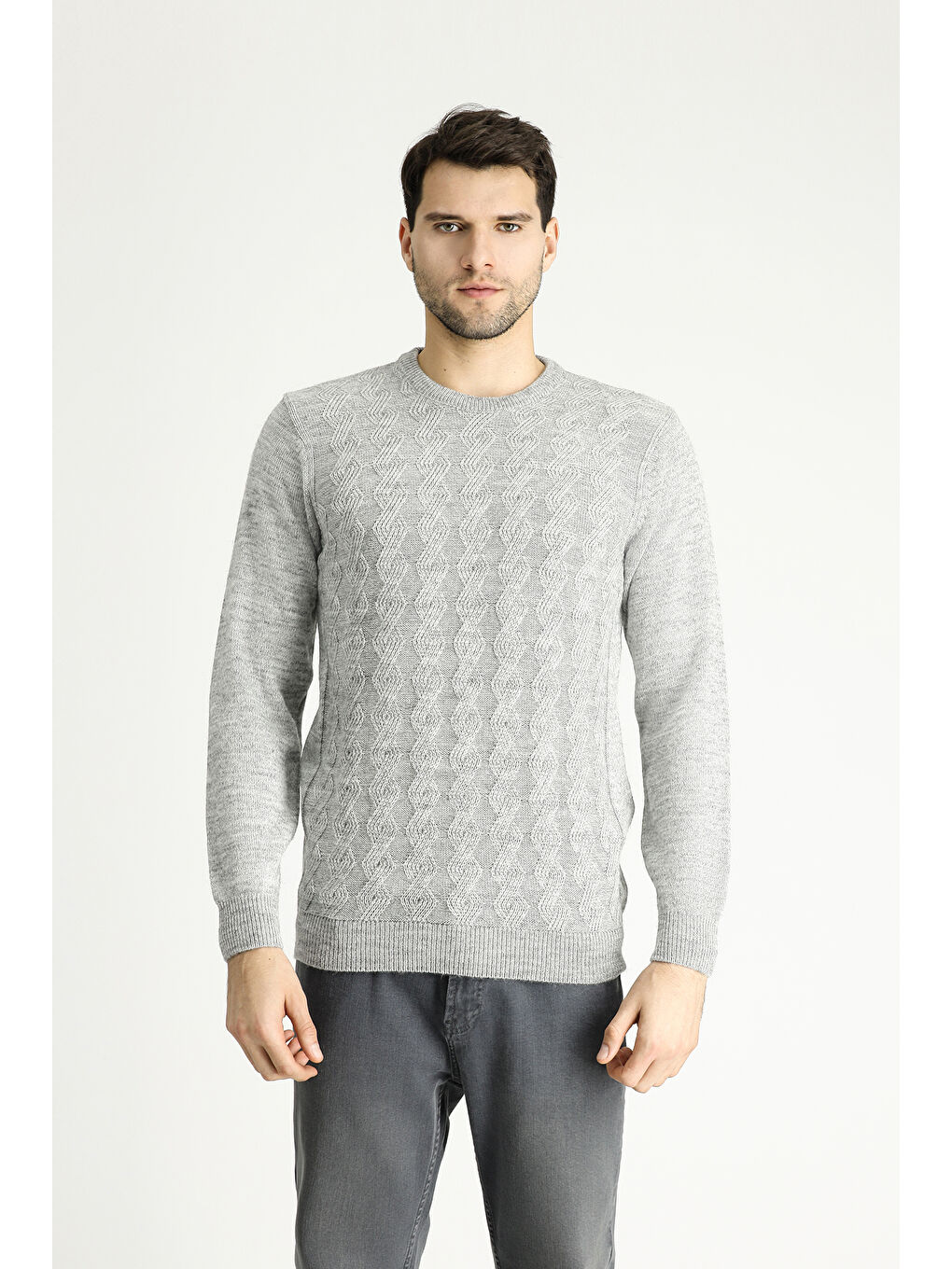 Gri Bisiklet Yaka Slim Fit Dar Kesim Desenli Triko Kazak-2