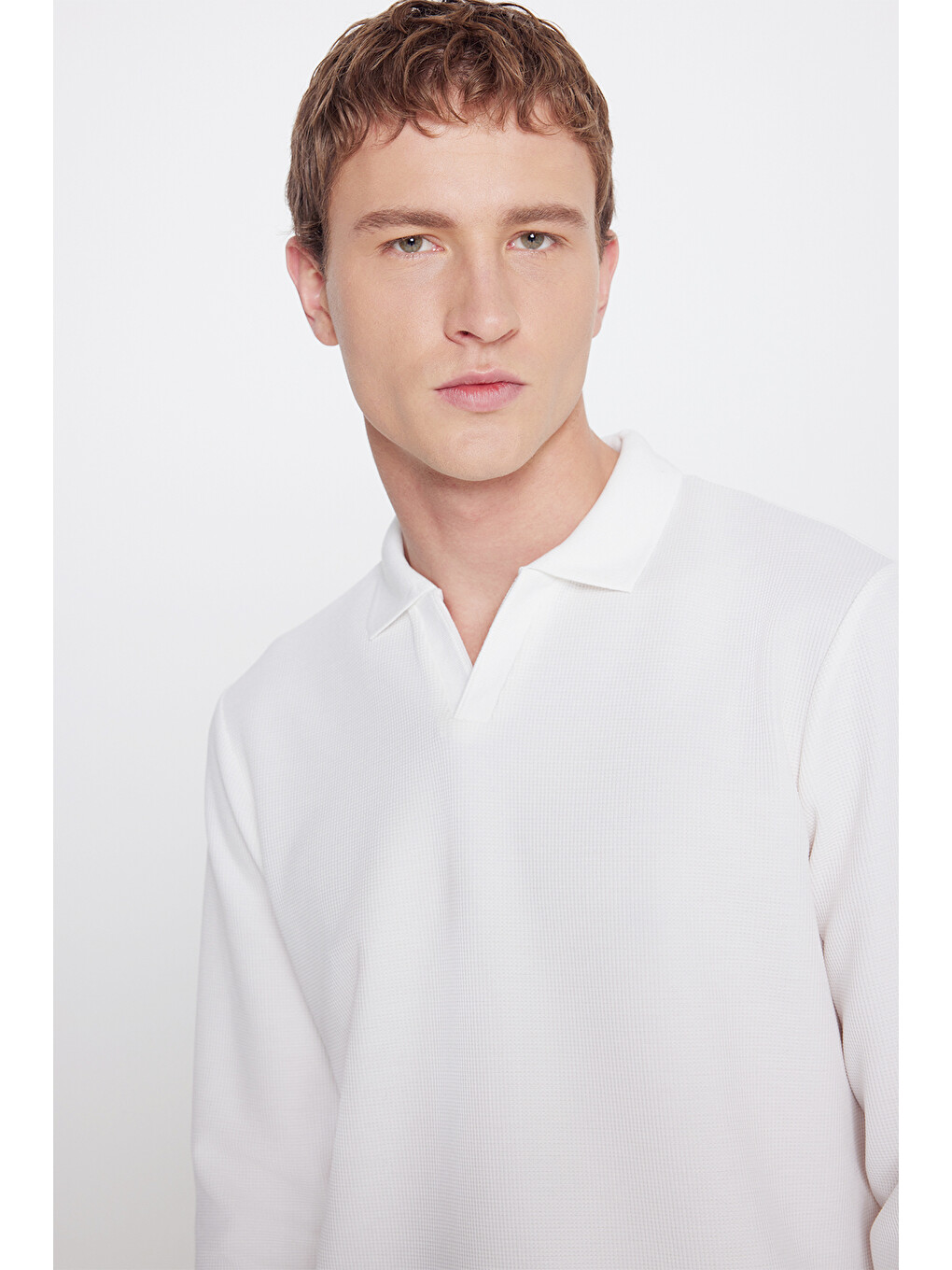 Erkek Ekru Slim Fit Dar Kesim Polo Yaka Jakarlı Esnek Tişört-2