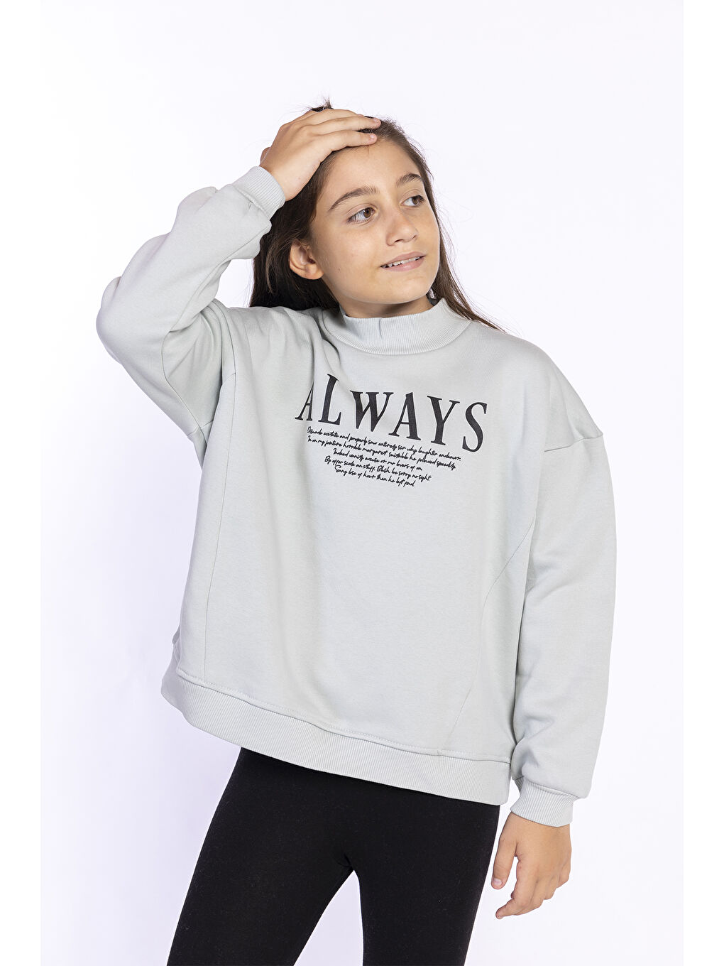 Gri Kız Çocuk Baskılı Balıkçı Yaka Sweatshirt