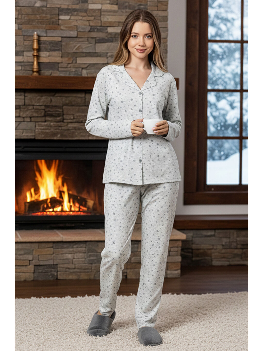 Yeşil Büyük Beden Kadın Yıldız Desenli Suprem Pijama Takımı 0388 Mint02-2