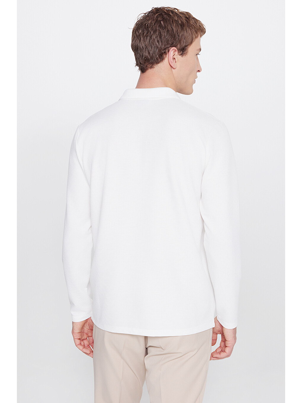 Erkek Ekru Slim Fit Dar Kesim Polo Yaka Jakarlı Esnek Tişört-3