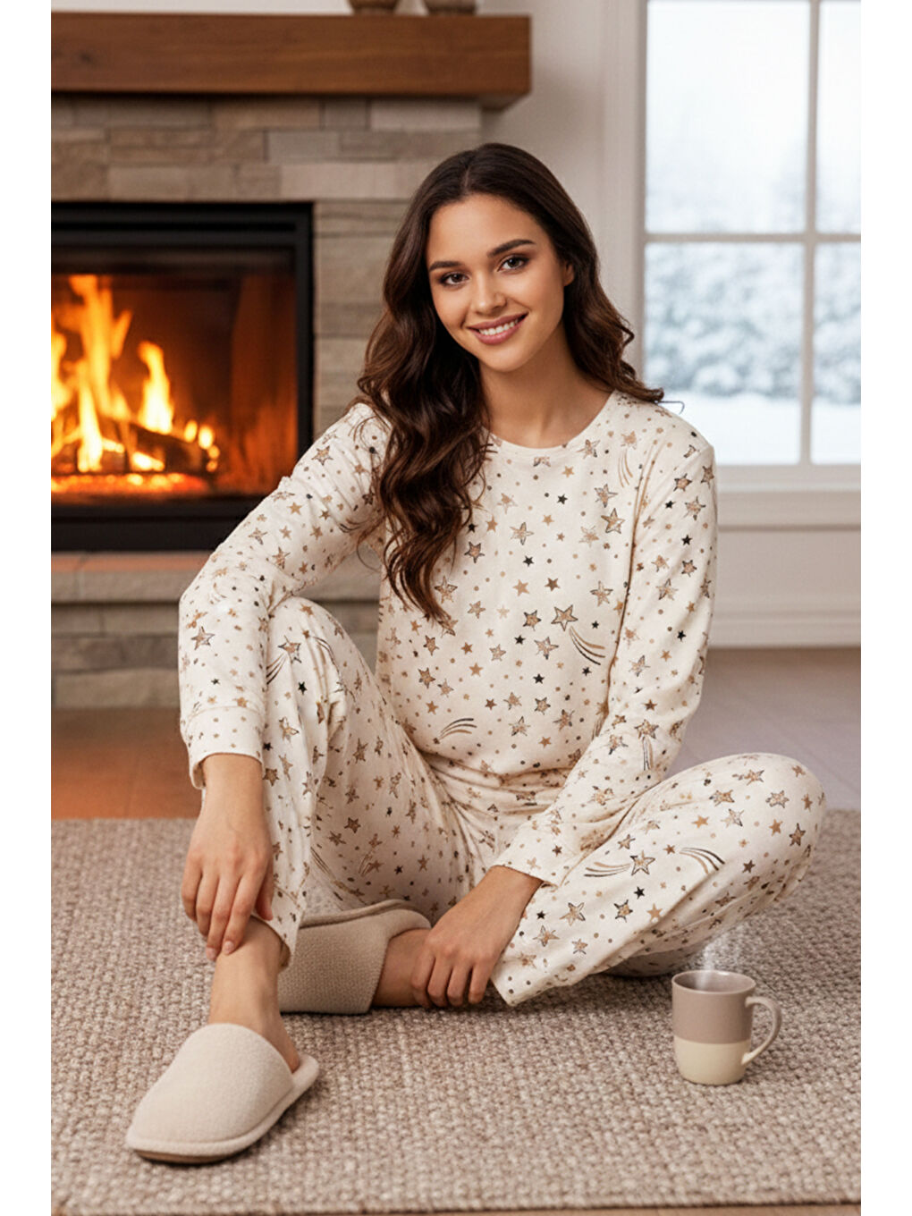 Ekru Kadın Yıldız Desen Comfort Pijama Takımı 0512 Krem