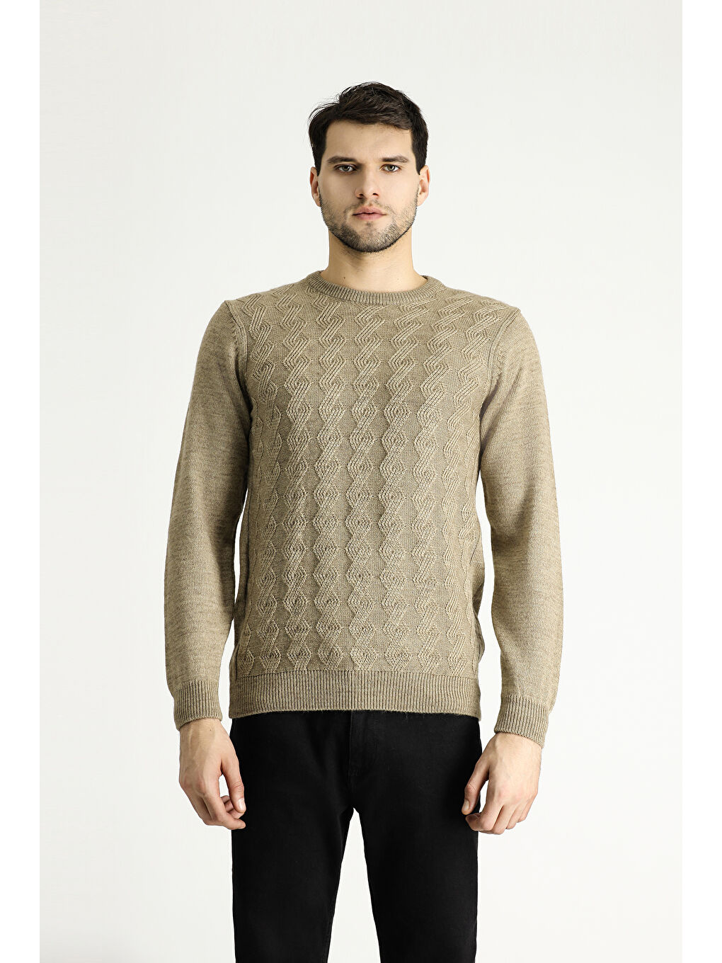 Bej Bisiklet Yaka Slim Fit Dar Kesim Desenli Triko Kazak-2