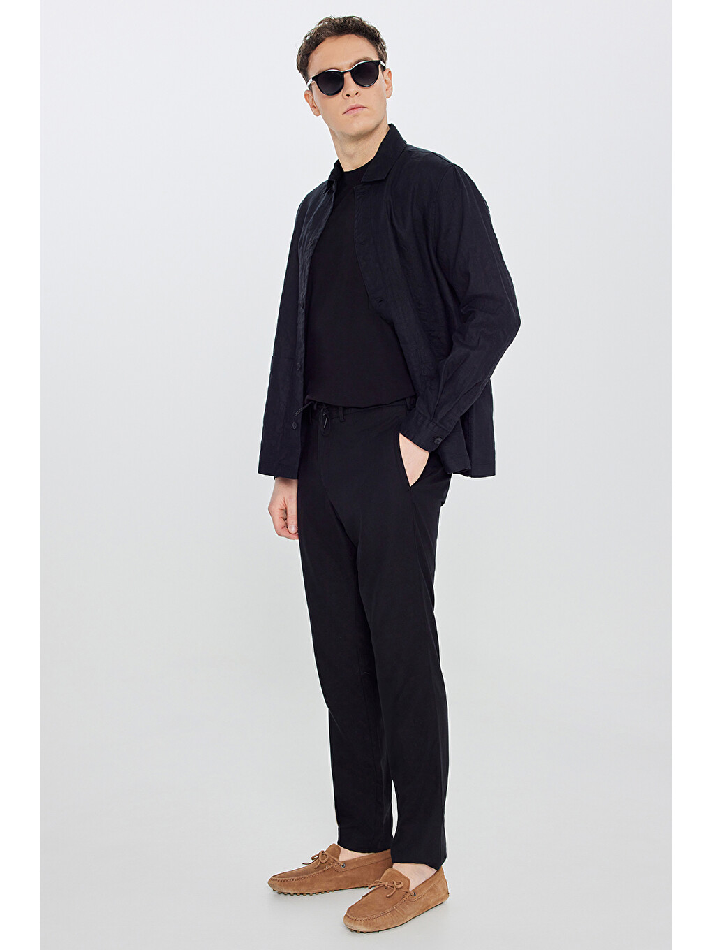 Erkek Siyah Keten Slim Fit Beli Bağlamalı Yan Cepli Casual Pantolon