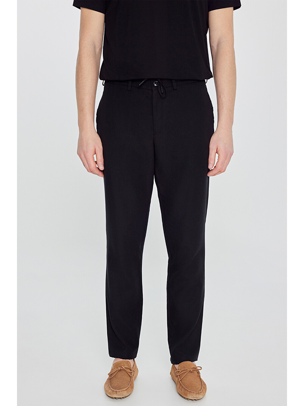 Erkek Siyah Keten Slim Fit Beli Bağlamalı Yan Cepli Casual Pantolon-1