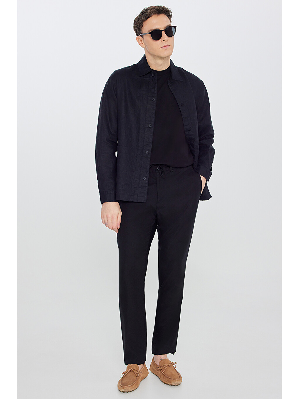 Erkek Siyah Keten Slim Fit Beli Bağlamalı Yan Cepli Casual Pantolon-2