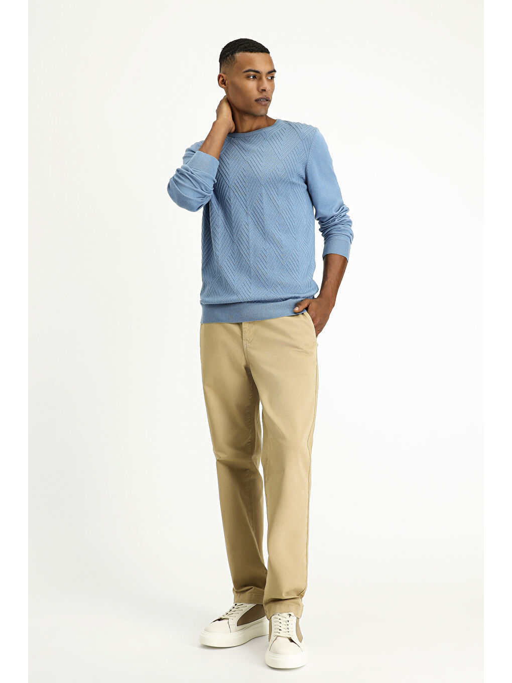 Mavi Bisiklet Yaka Slim Fit Dar Kesim Desenli Pamuklu Triko Büyük Beden Kazak