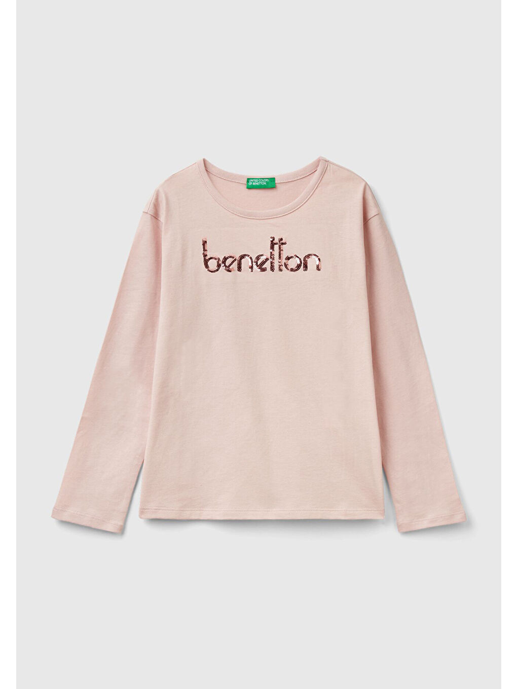 United Colors Of Benetton Kız Çocuk Toz Pembe Önü Pullu Logo İşlemeli Bisiklet Yaka Uzun Kollu T-Shirt