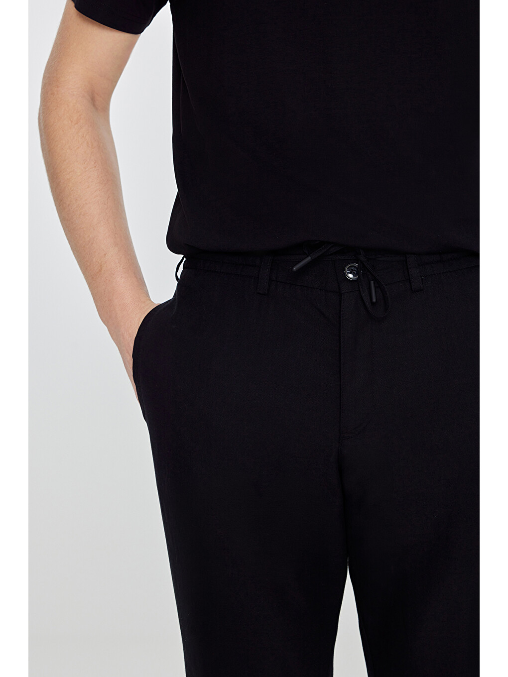 Erkek Siyah Keten Slim Fit Beli Bağlamalı Yan Cepli Casual Pantolon-3