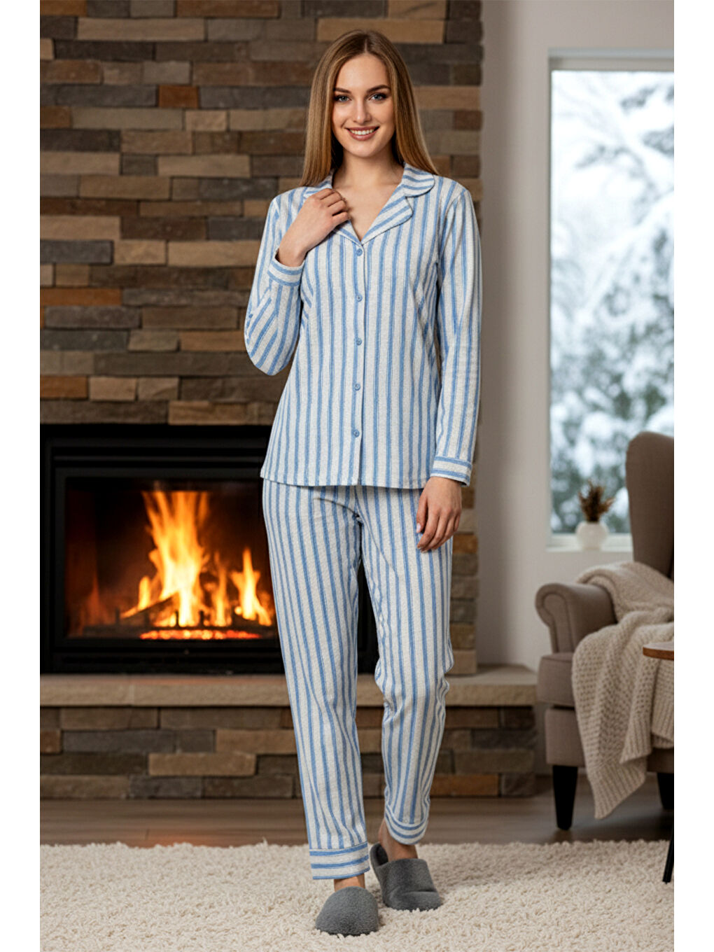 Kadın Çizgili Desen Önü Düğmeli Suprem Pijama Takımı 0526 Mavi07