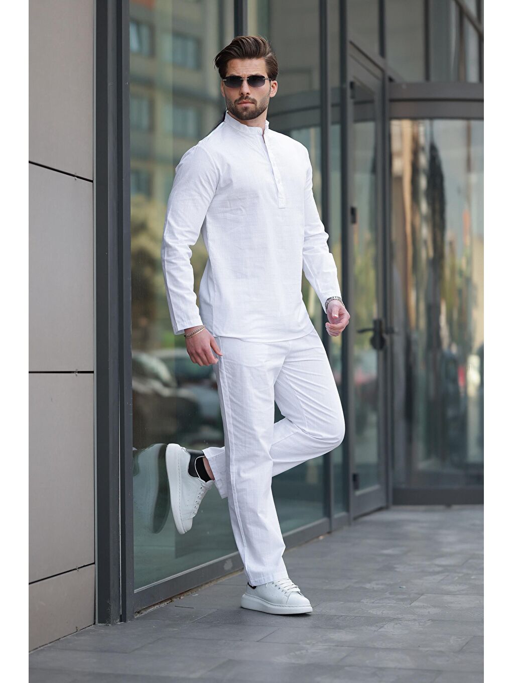 Beyaz %100 Pamuk Keten Erkek Gömlek Takım E7310-1