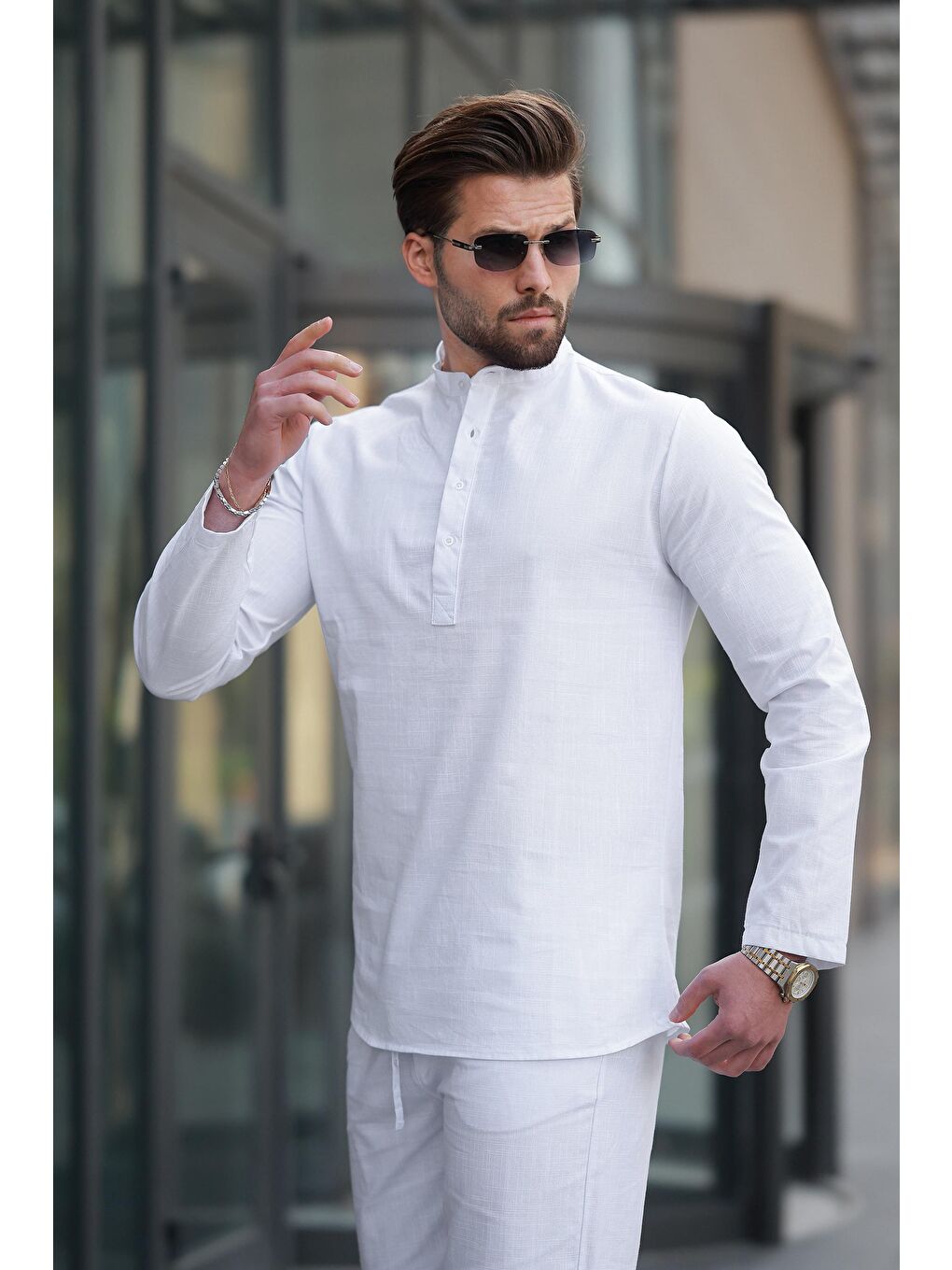 Beyaz %100 Pamuk Keten Erkek Gömlek Takım E7310-2