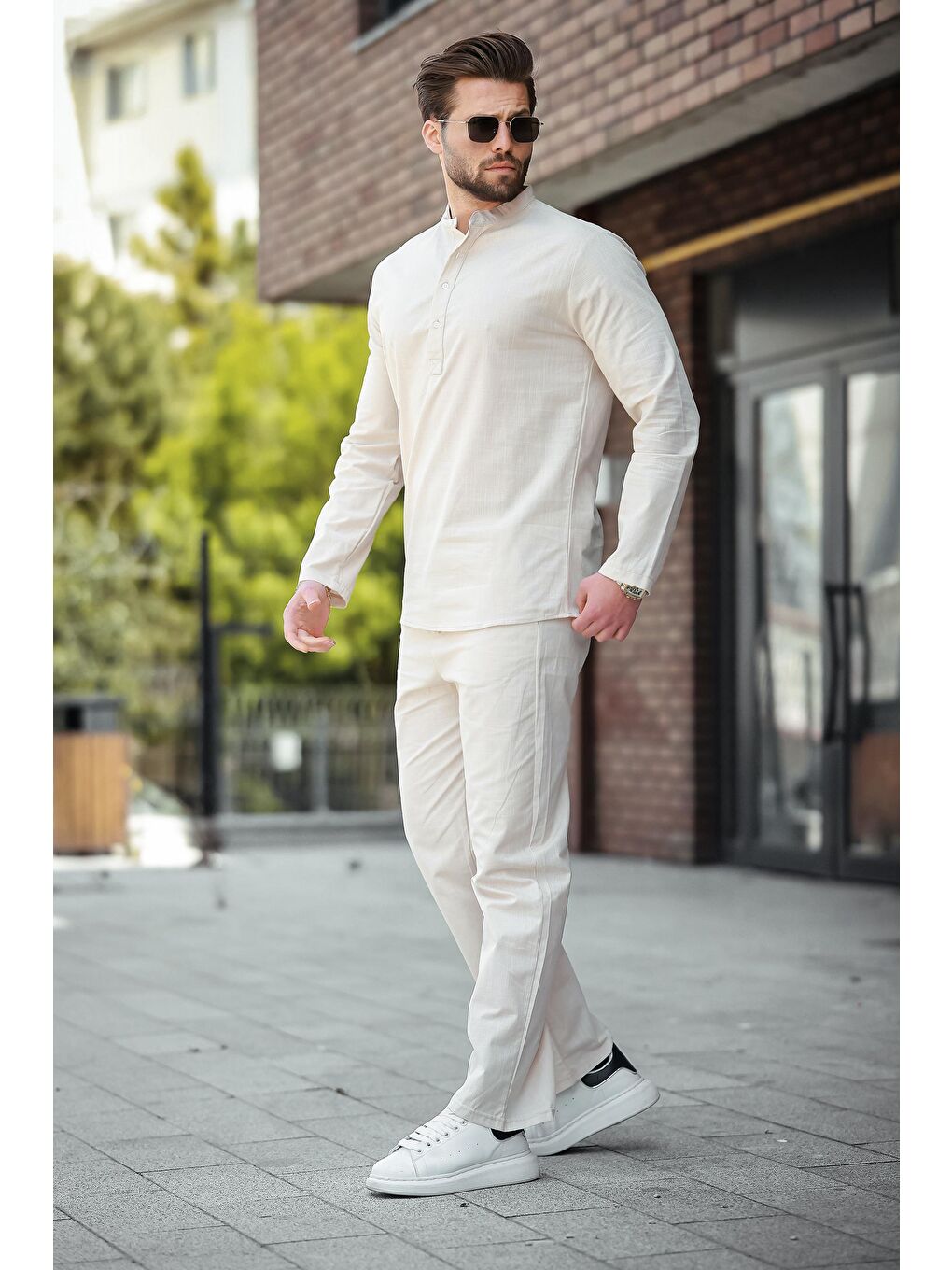 Bej %100 Pamuk Keten Erkek Gömlek Takım E7310