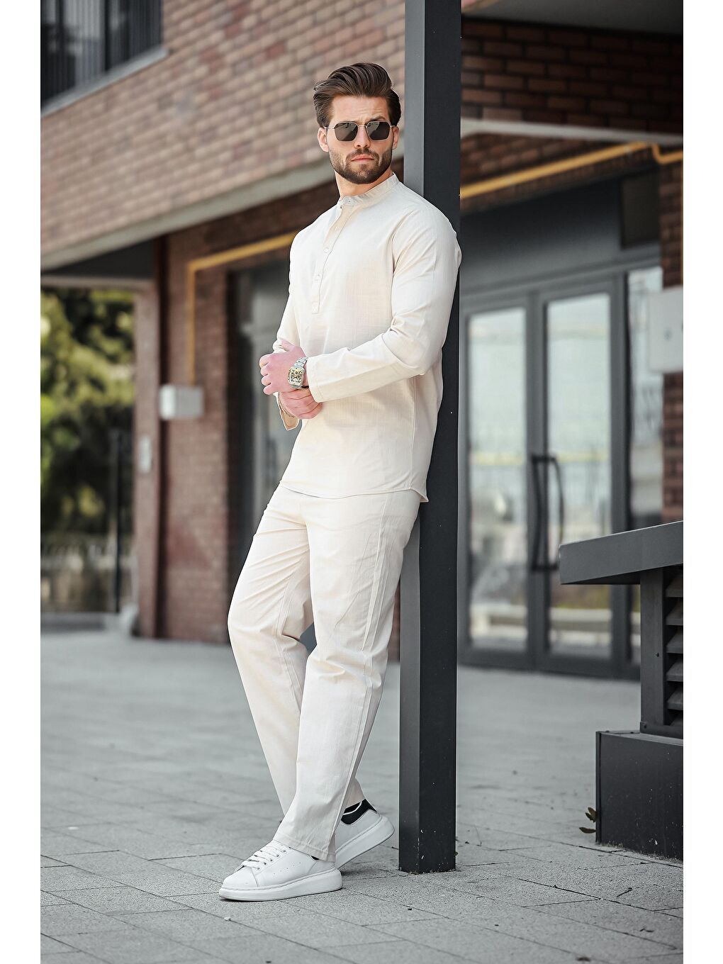 Bej %100 Pamuk Keten Erkek Gömlek Takım E7310-1