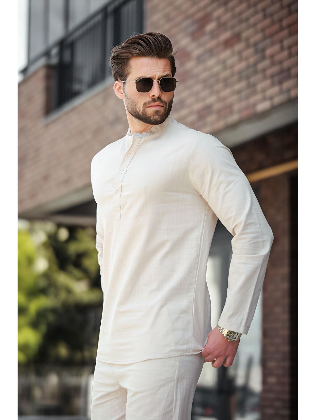 Bej %100 Pamuk Keten Erkek Gömlek Takım E7310-2