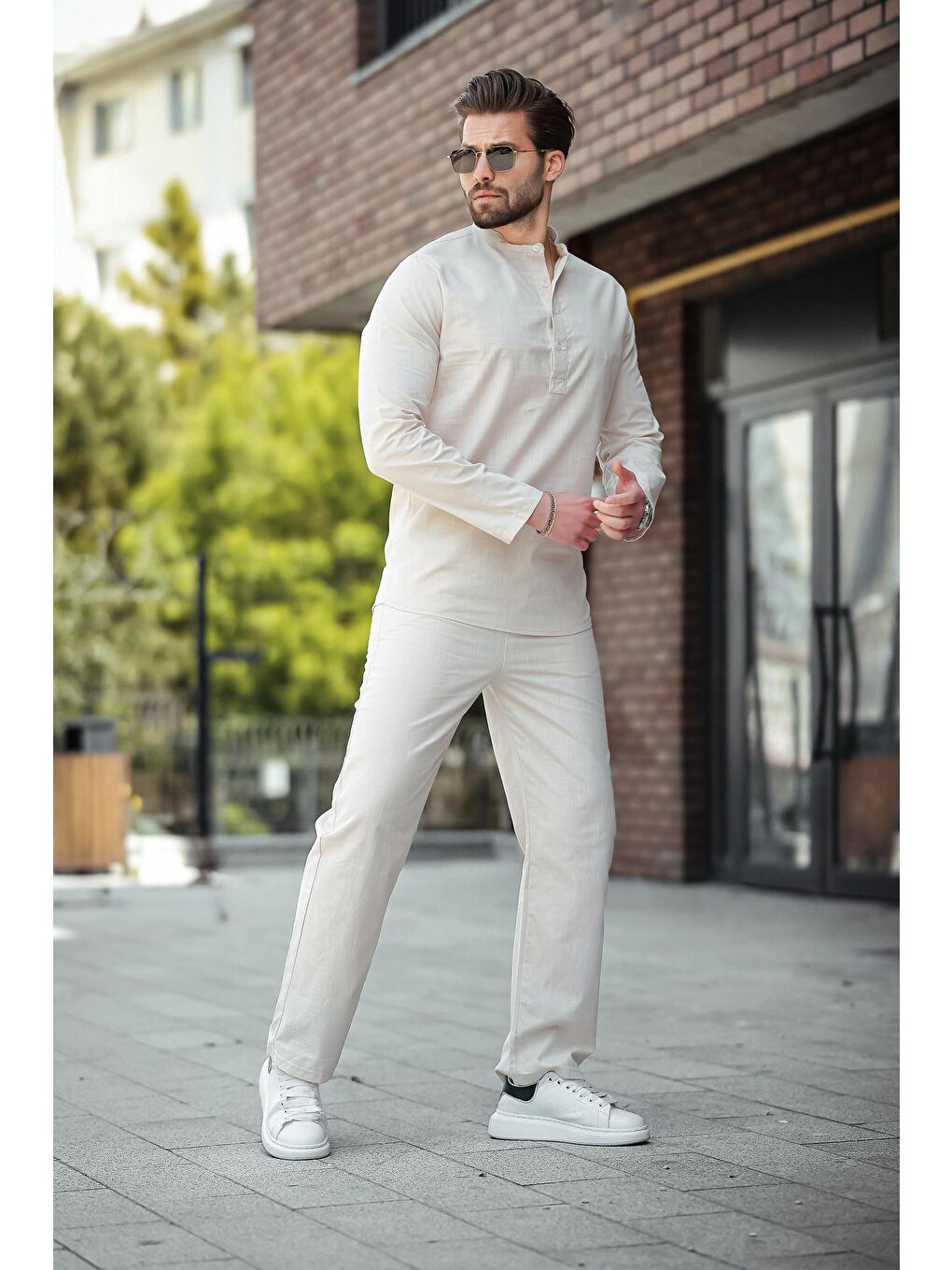 Bej %100 Pamuk Keten Erkek Gömlek Takım E7310-3