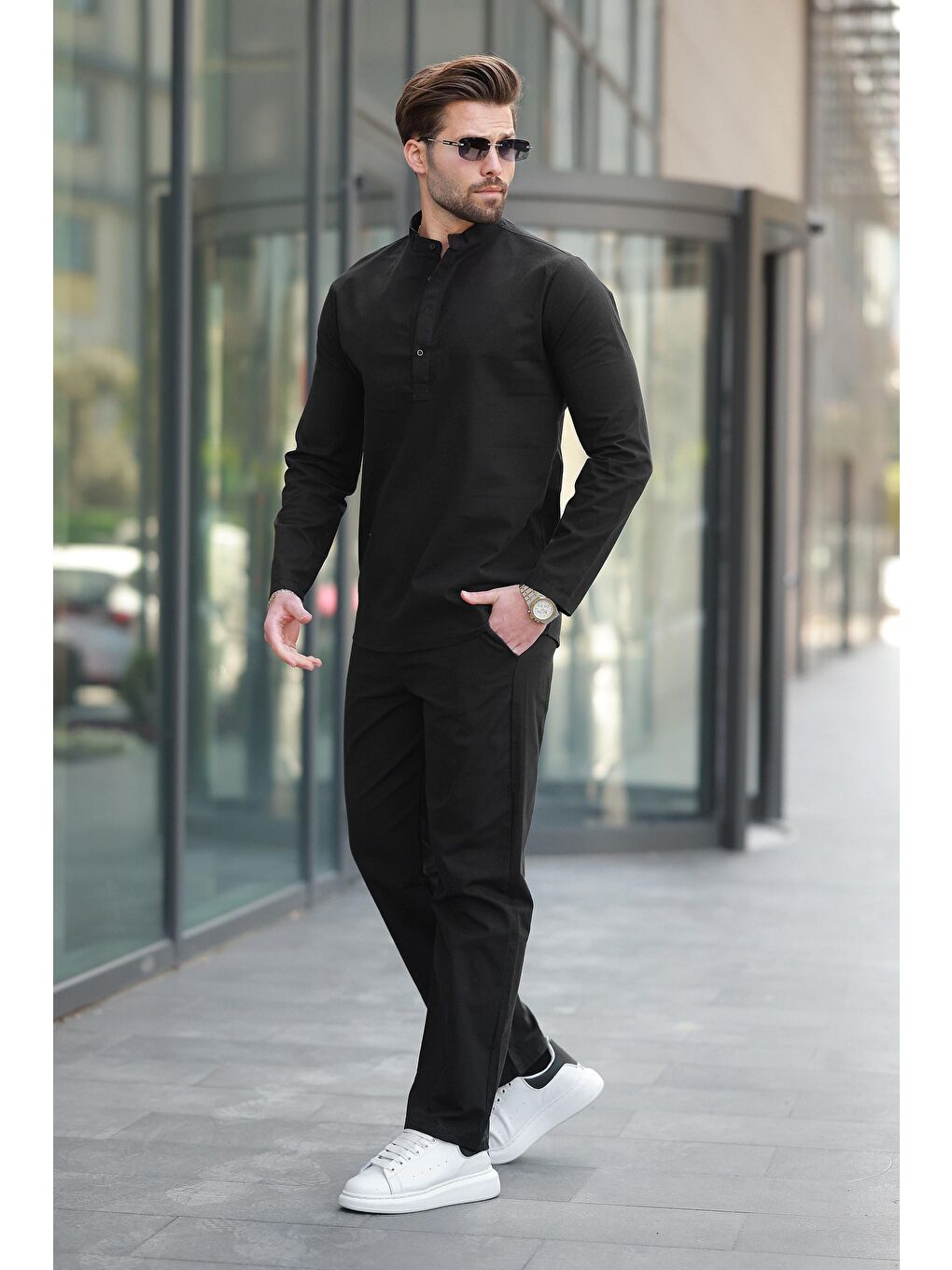 Siyah %100 Pamuk Keten Erkek Gömlek Takım E7310