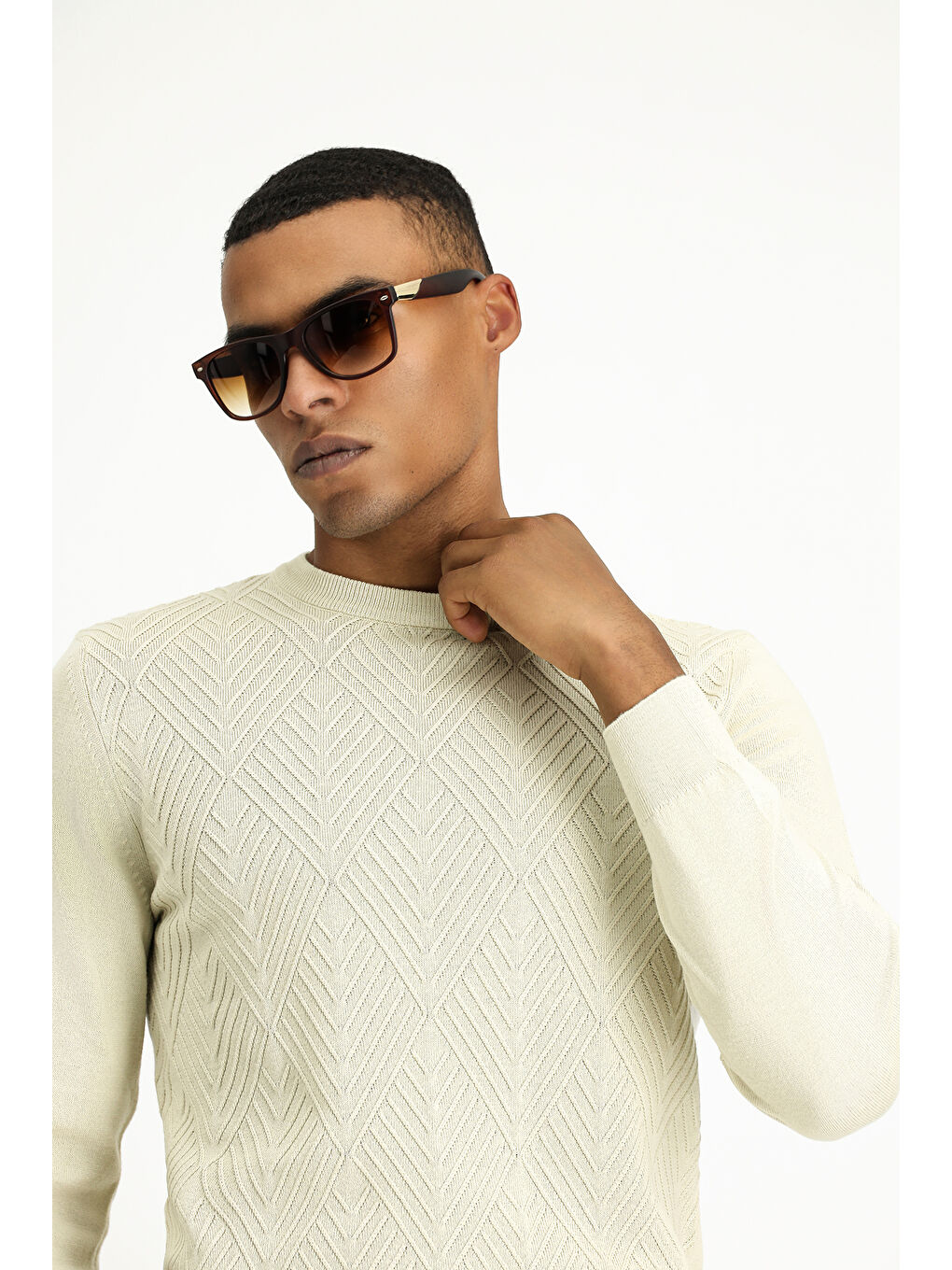 Bej Bisiklet Yaka Slim Fit Dar Kesim Desenli Pamuklu Triko Büyük Beden Kazak-1