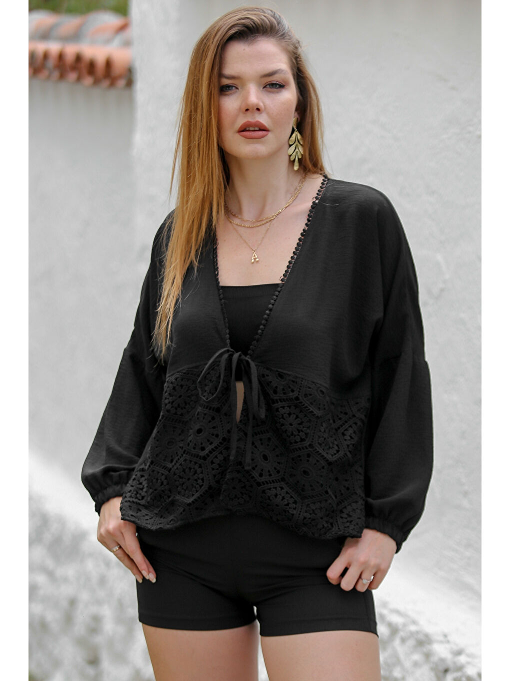 Siyah 3/4 Kol Bağlamalı Dantelli Dokuma Casual Ceket-2