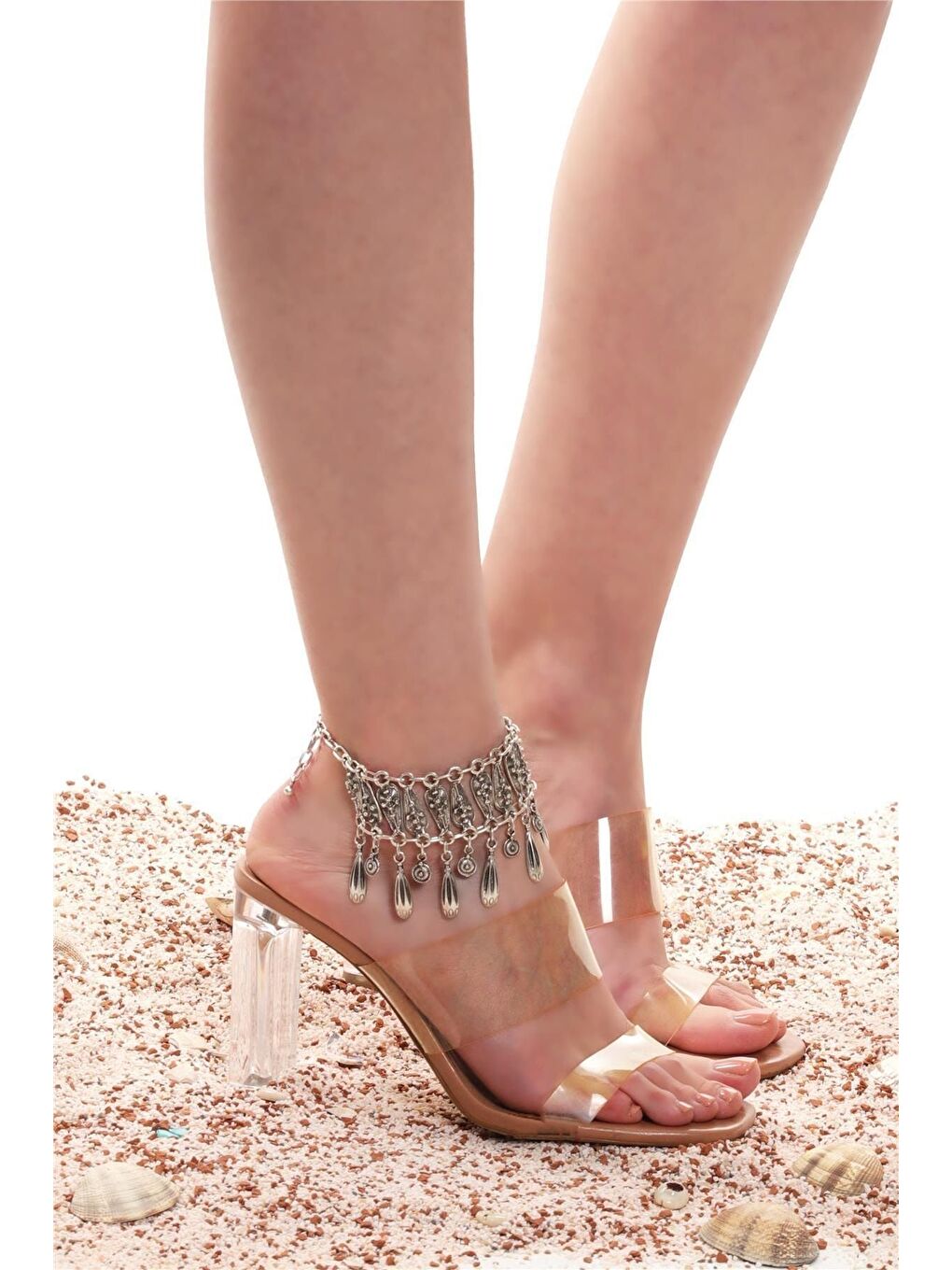 Gri Kadın Antik Gümüş Kaplama Zincirli Model Yaprak Stilizesi Halhal-1