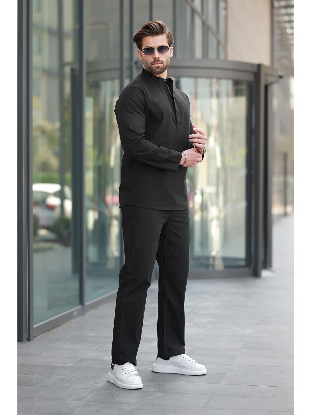 Siyah %100 Pamuk Keten Erkek Gömlek Takım E7310-1