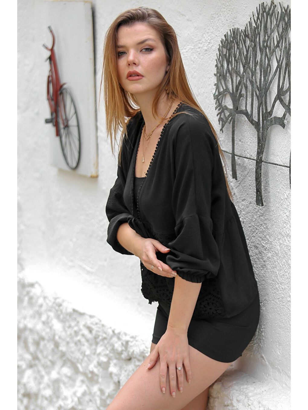 Siyah 3/4 Kol Bağlamalı Dantelli Dokuma Casual Ceket-4