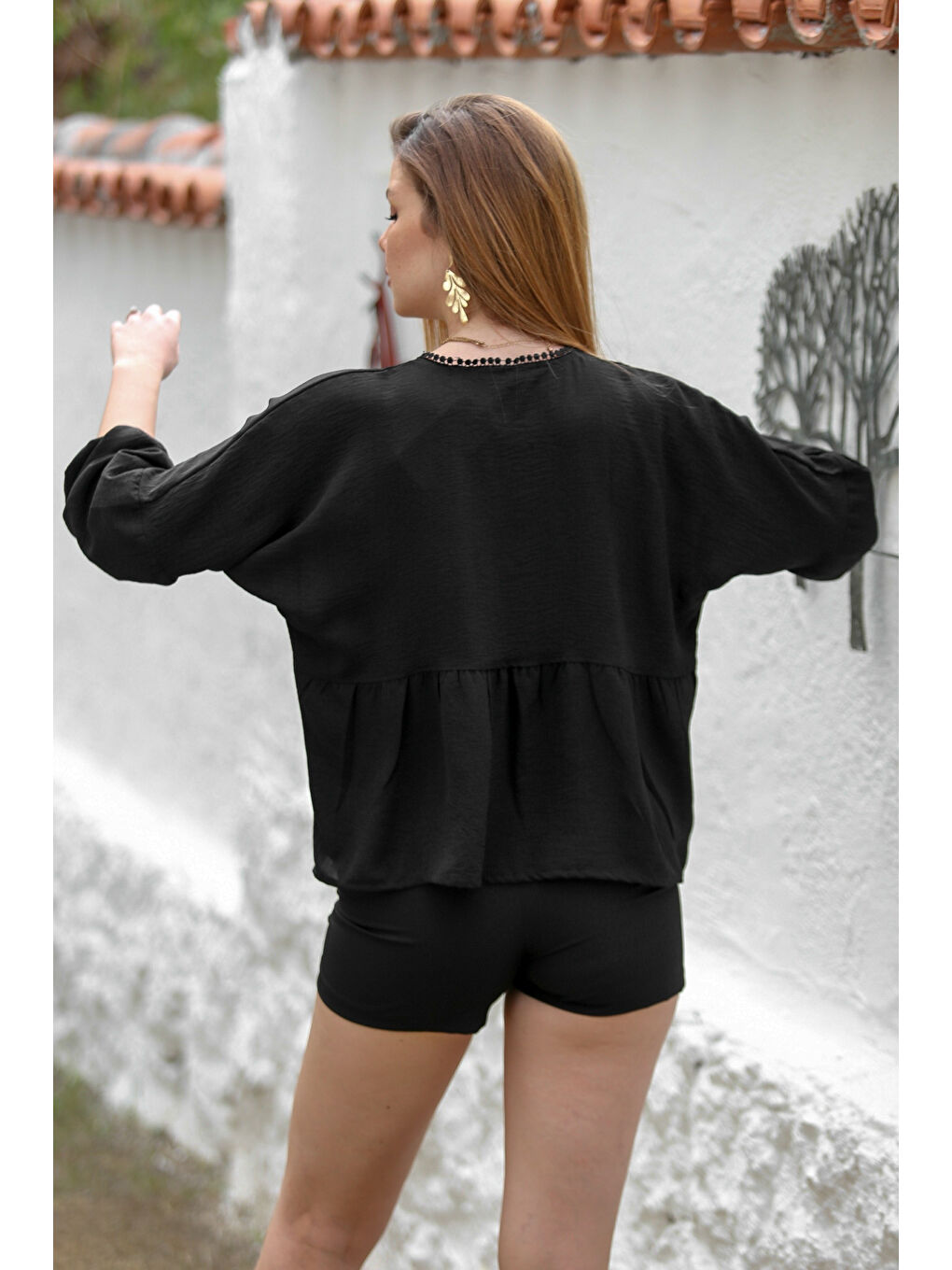 Siyah 3/4 Kol Bağlamalı Dantelli Dokuma Casual Ceket-5