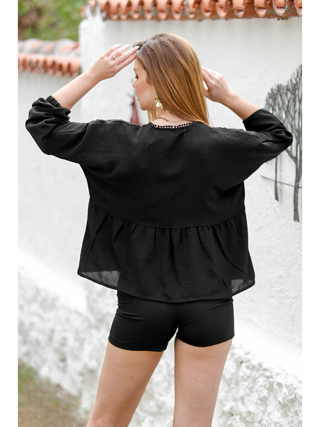 Siyah 3/4 Kol Bağlamalı Dantelli Dokuma Casual Ceket-7