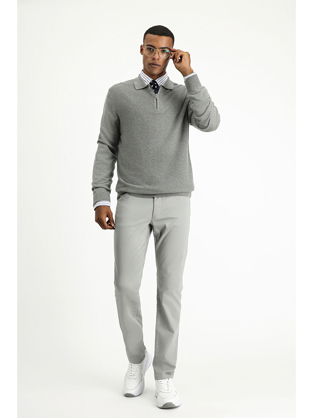 Gri Polo Yaka Regular Fit Fermuarlı Desenli Pamuklu Triko Büyük Beden Kazak-1