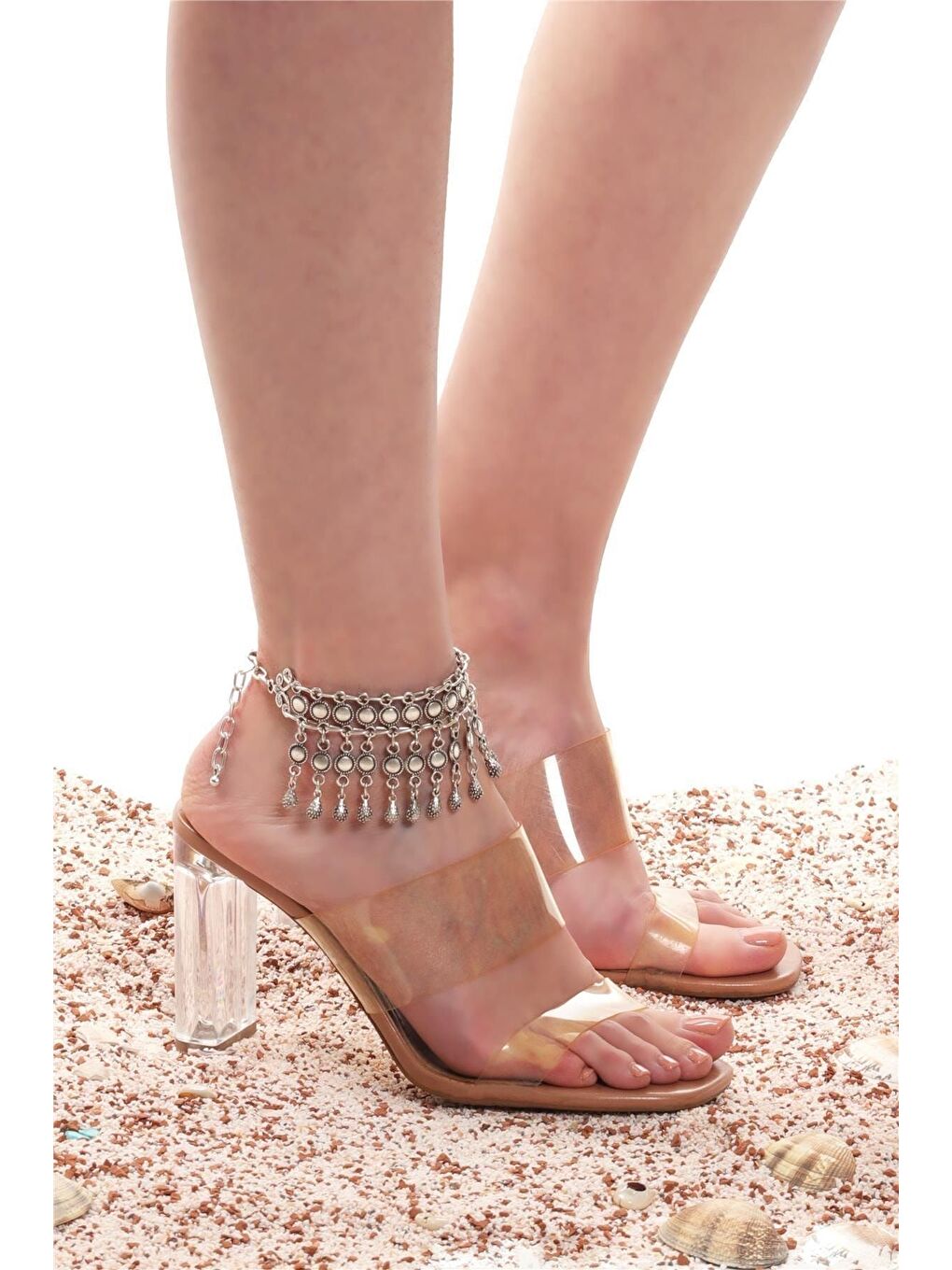 Gri Kadın Antik Gümüş Kaplama Zincirli Model Multi Charm Halhal-1