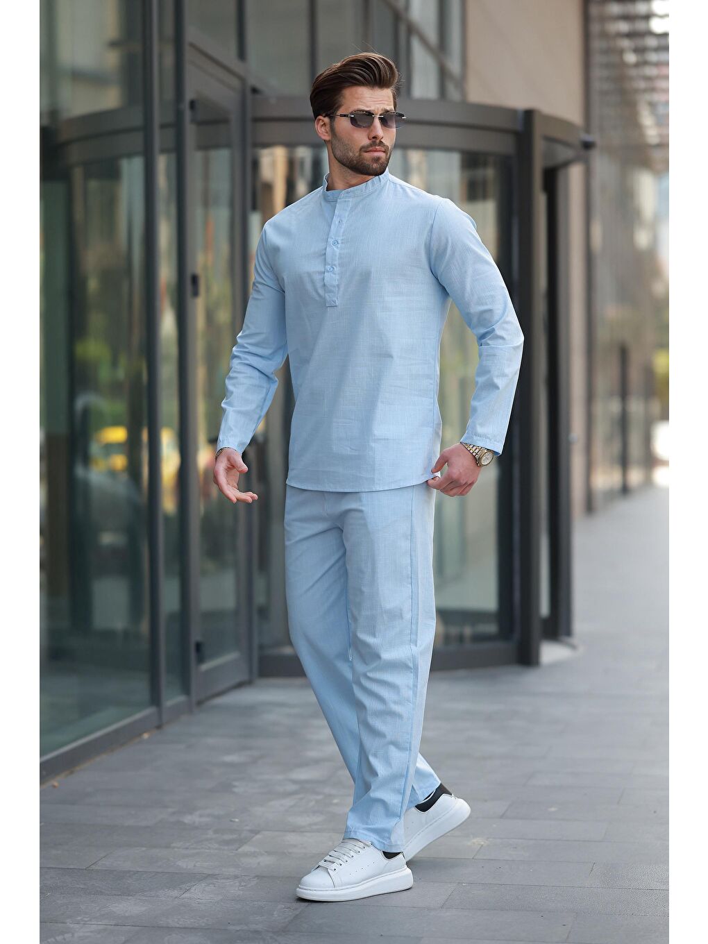 Yeşil Mavi %100 Pamuk Keten Erkek Gömlek Takım E7310-1