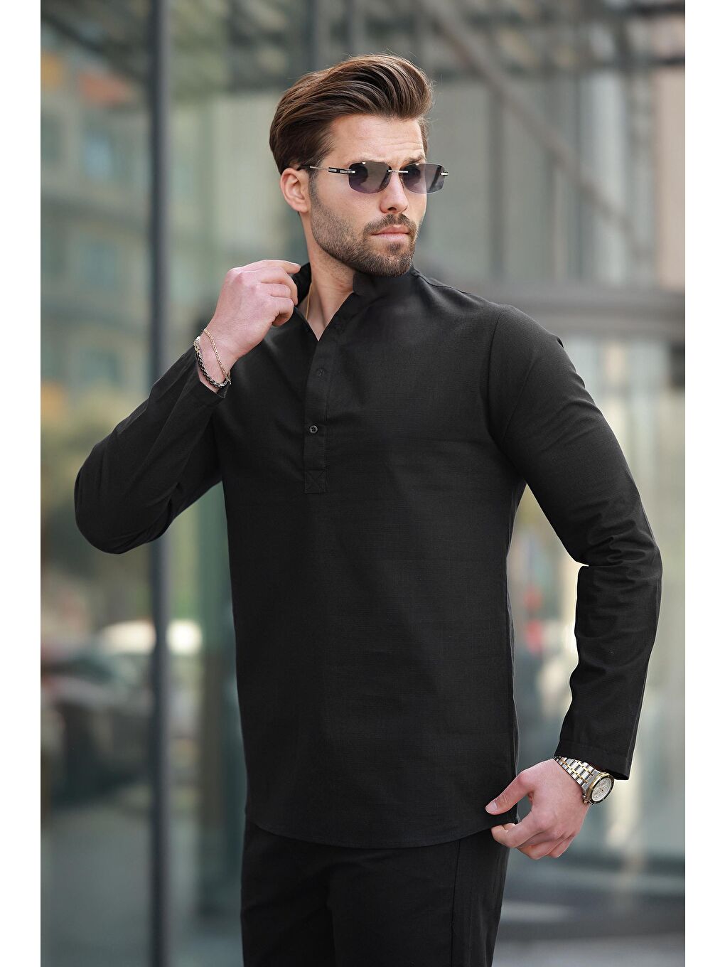 Siyah %100 Pamuk Keten Erkek Gömlek Takım E7310-2