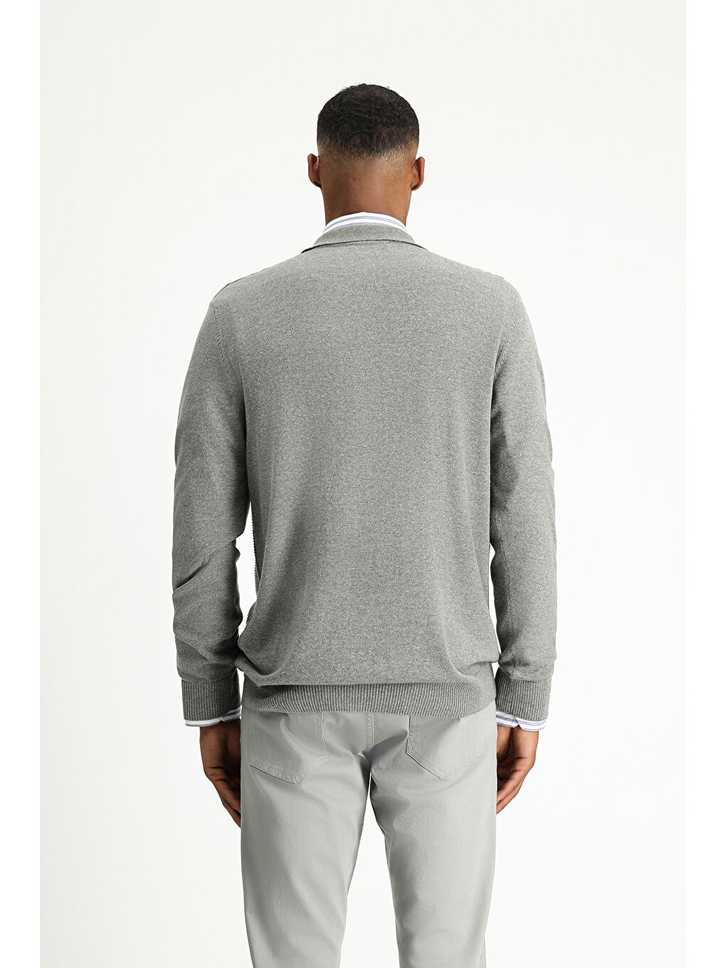 Gri Polo Yaka Regular Fit Fermuarlı Desenli Pamuklu Triko Büyük Beden Kazak-3