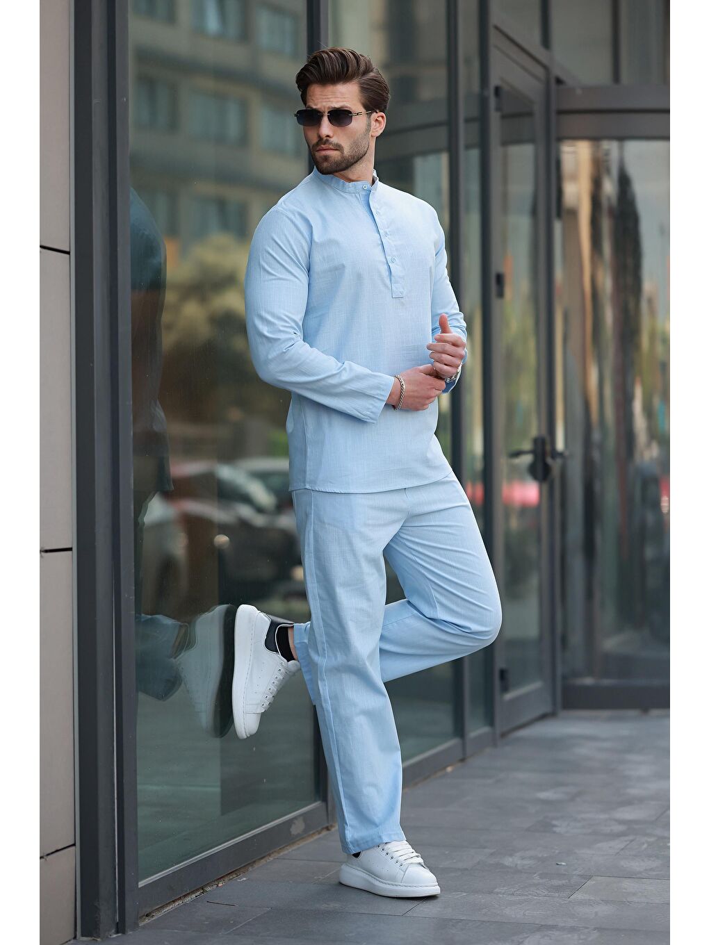 Yeşil Mavi %100 Pamuk Keten Erkek Gömlek Takım E7310-2