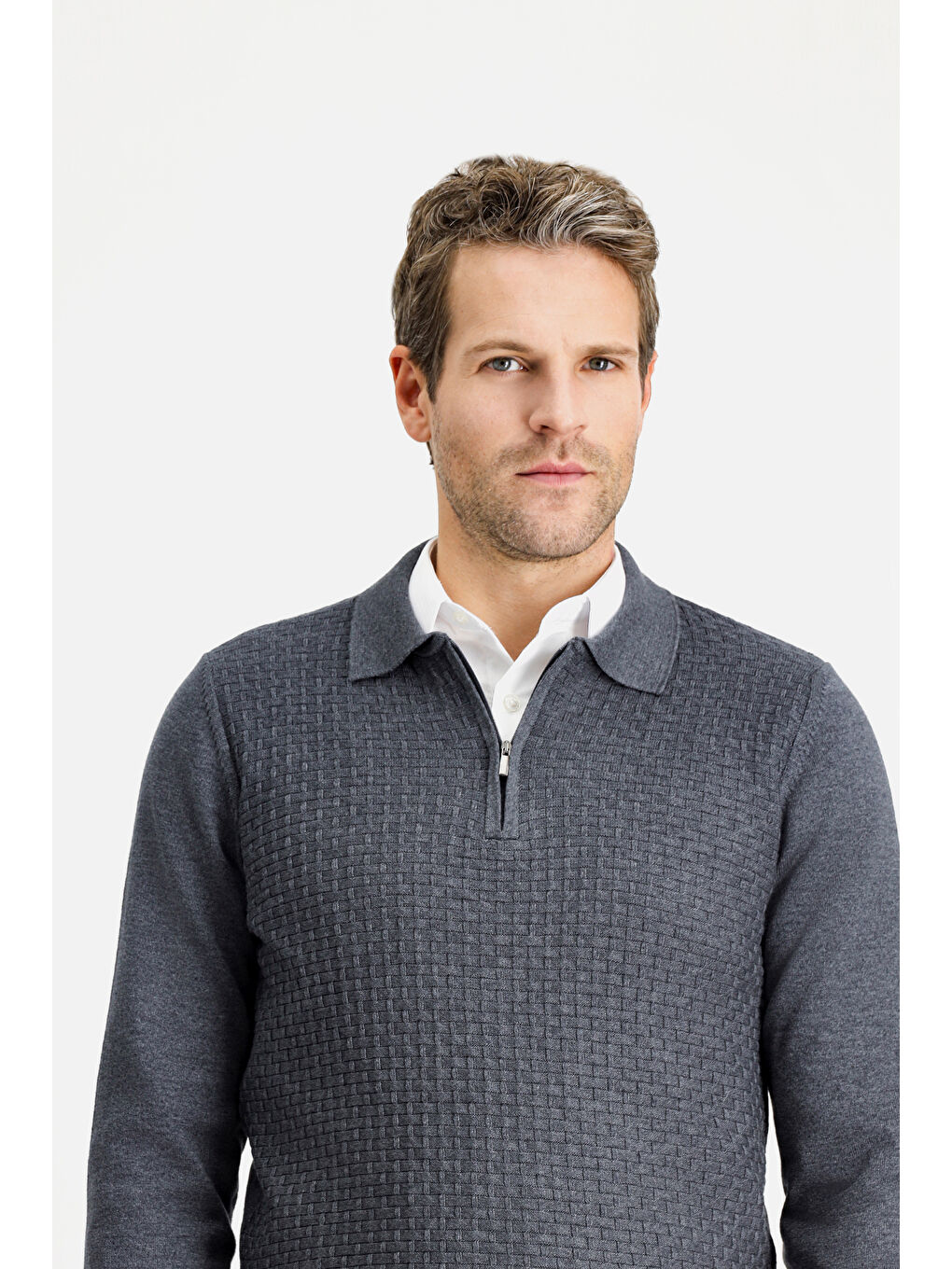 Antrasit Polo Yaka Regular Fit Fermuarlı Desenli Pamuklu Triko Kazak