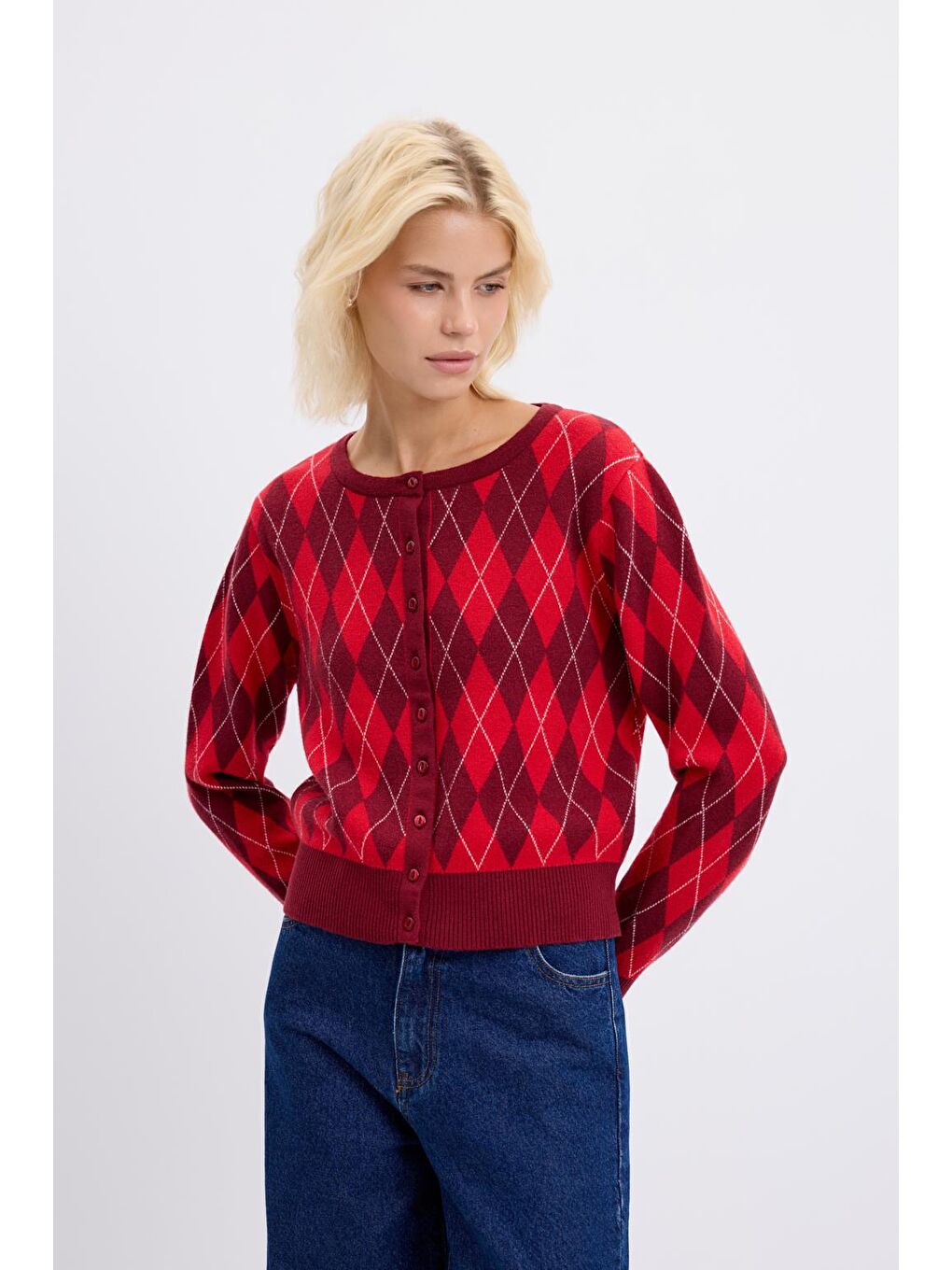 Yuvarlak Yaka Baklava Desenli Triko Hırka Bordo-1