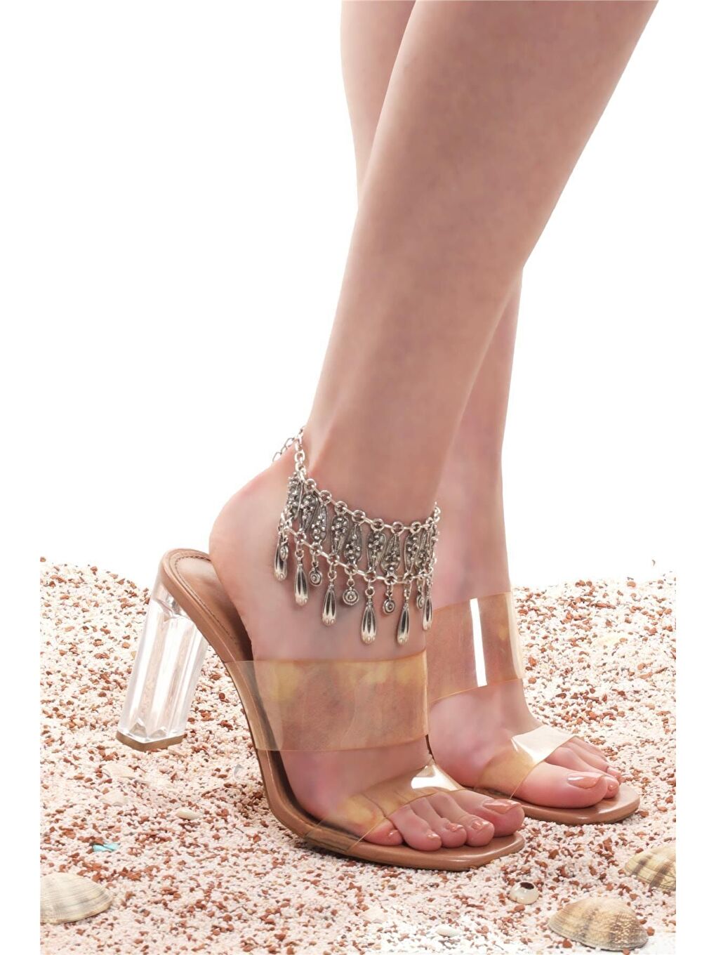 Gri Kadın Antik Gümüş Kaplama Zincirli Model Yaprak Stilizesi Halhal-3