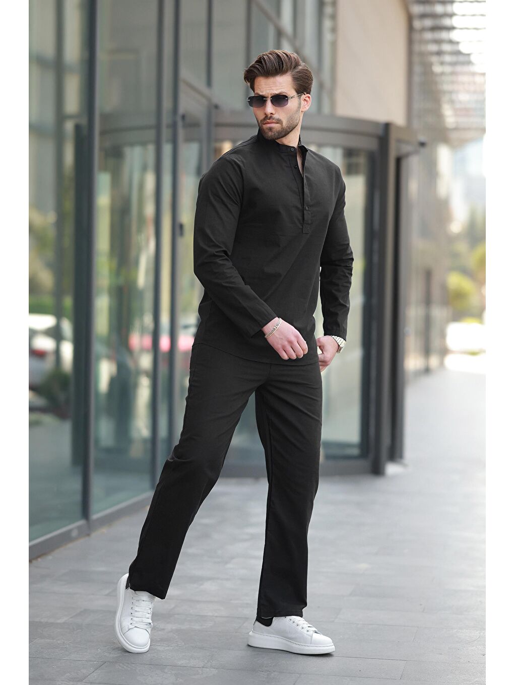 Siyah %100 Pamuk Keten Erkek Gömlek Takım E7310-3