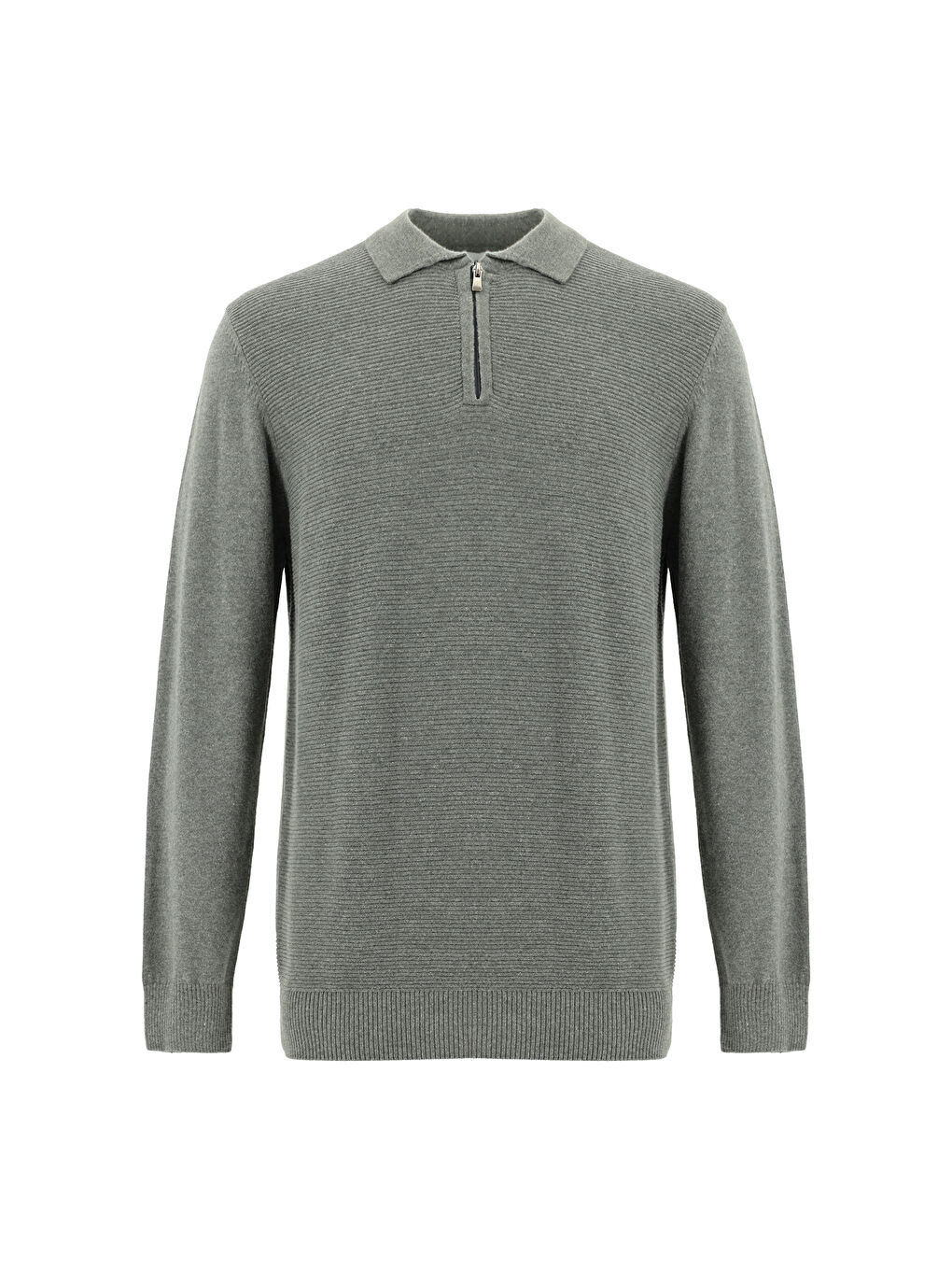 Gri Polo Yaka Regular Fit Fermuarlı Desenli Pamuklu Triko Büyük Beden Kazak-4