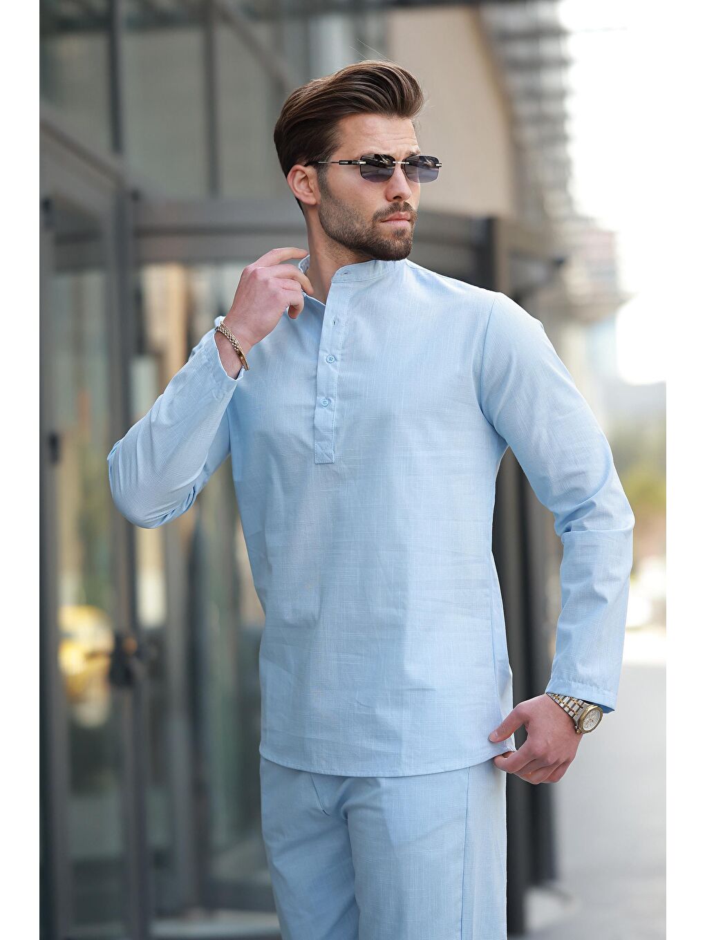 Yeşil Mavi %100 Pamuk Keten Erkek Gömlek Takım E7310-3