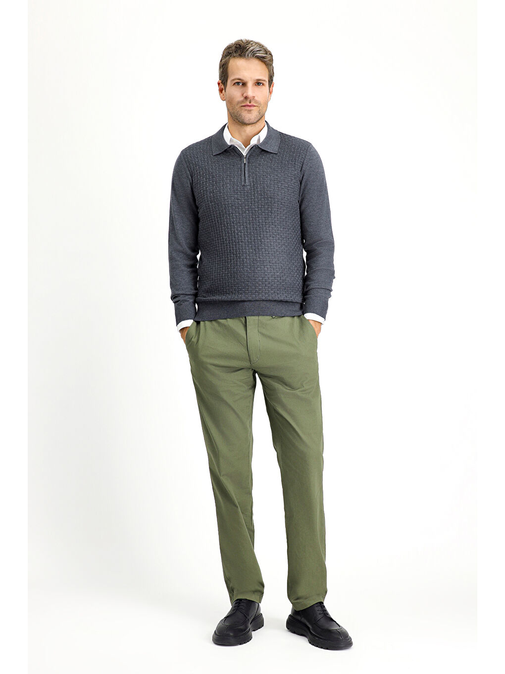 Antrasit Polo Yaka Regular Fit Fermuarlı Desenli Pamuklu Triko Kazak-1