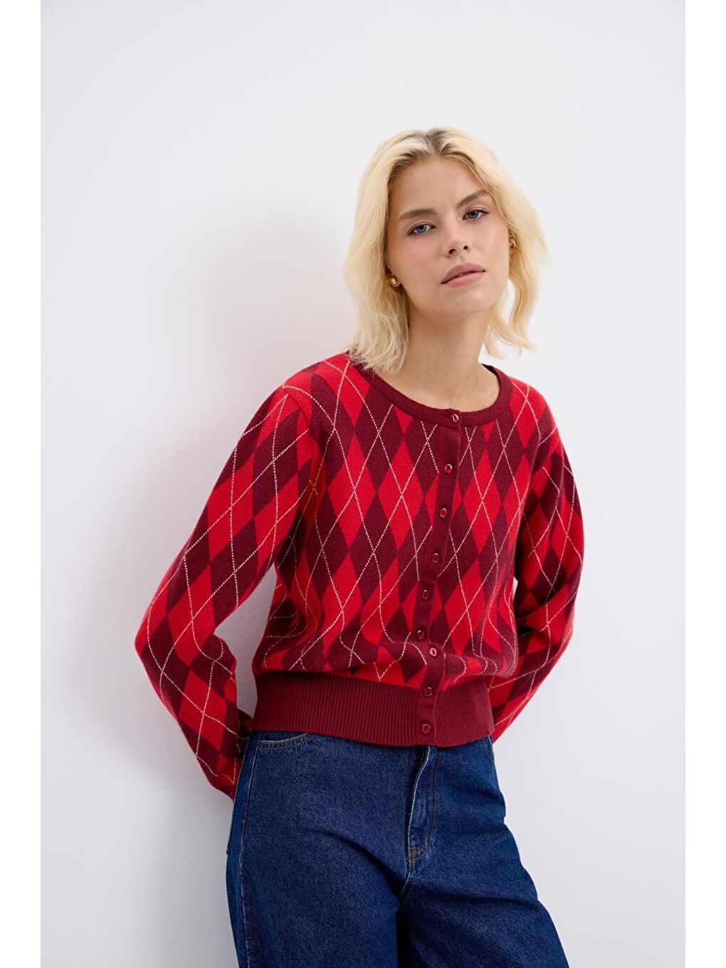 Yuvarlak Yaka Baklava Desenli Triko Hırka Bordo-3