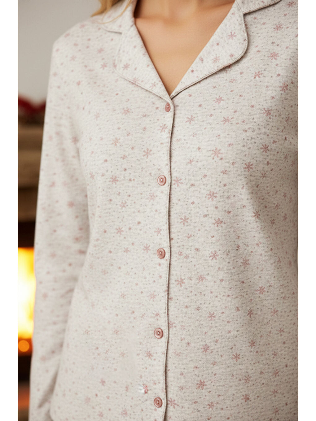 Bej Kadın Yıldız Desen Önü Düğmeli Suprem Pijama Takımı 0517 Vizon08-1