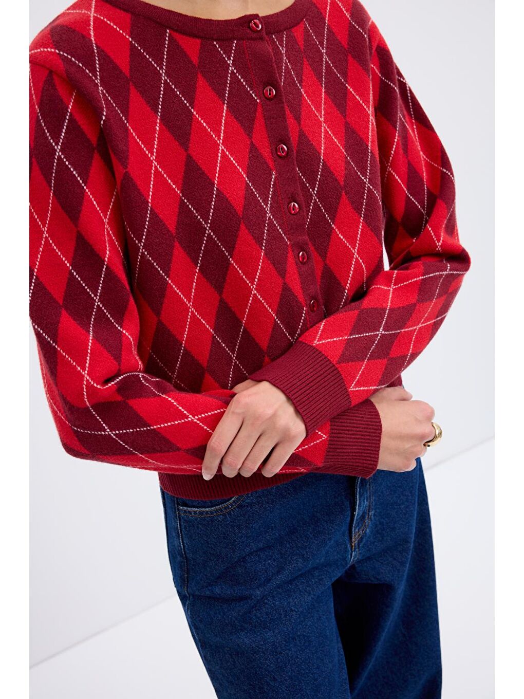 Yuvarlak Yaka Baklava Desenli Triko Hırka Bordo-4