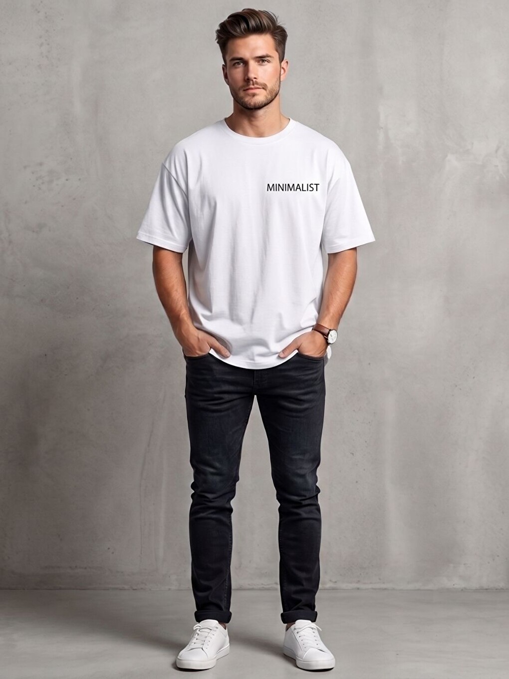 Erkek Beyaz Minimalist Baskı Detay %100 Organik Pamuk Örme Oversize Tişört