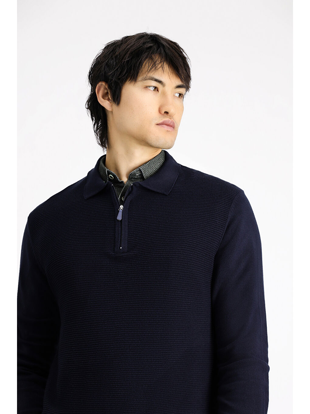 Lacivert Polo Yaka Regular Fit Fermuarlı Desenli Pamuklu Triko Kazak