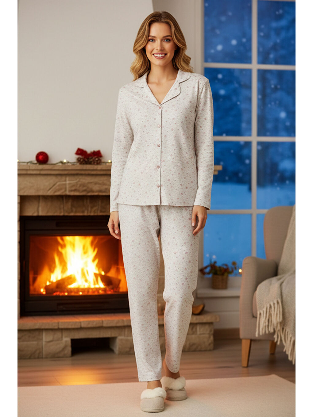 Bej Kadın Yıldız Desen Önü Düğmeli Suprem Pijama Takımı 0517 Vizon08-2